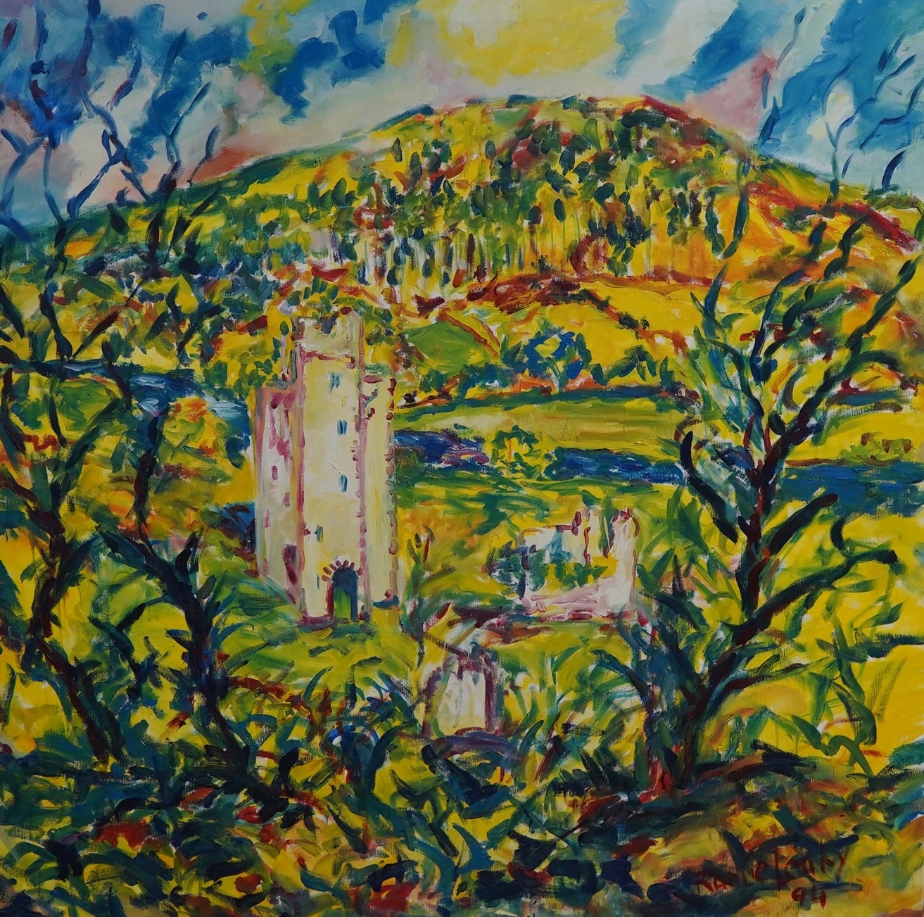 Ramie Leahy (Irish, b.1950), abstract oil on canvas, ‘Dysart Castle, Berkeley’s Birthplace’, signed and dated '94, 101 x 101cm, unframed. Condition - good